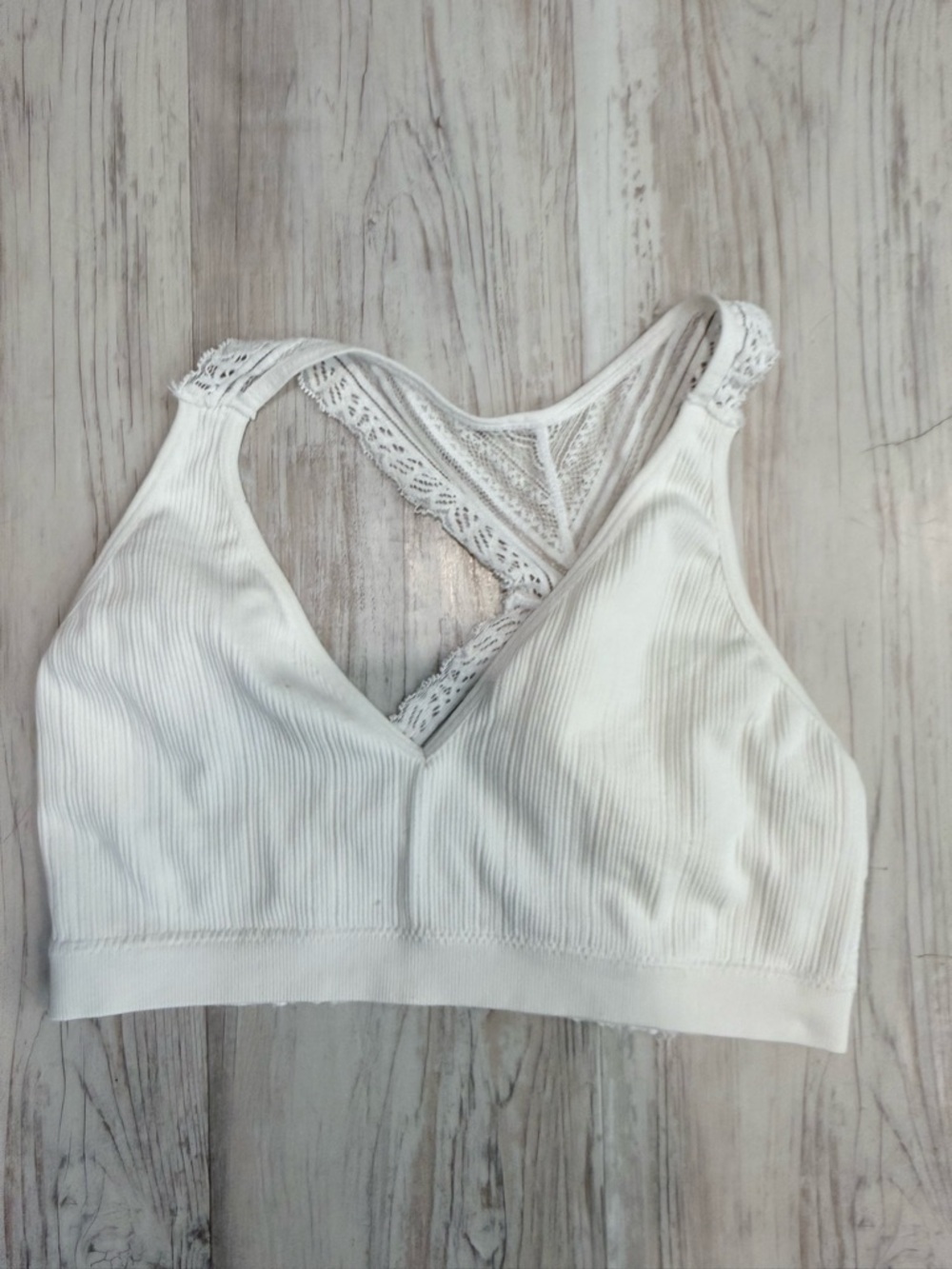Anemone Ribbed Lace-Back Wireless Bralette in White